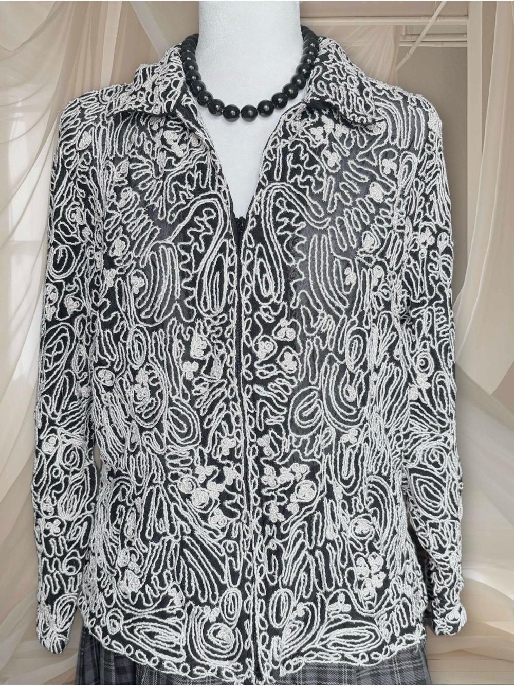 Laura Ashley vintage Black mesh jacket with White Embroidered Swirl Detail